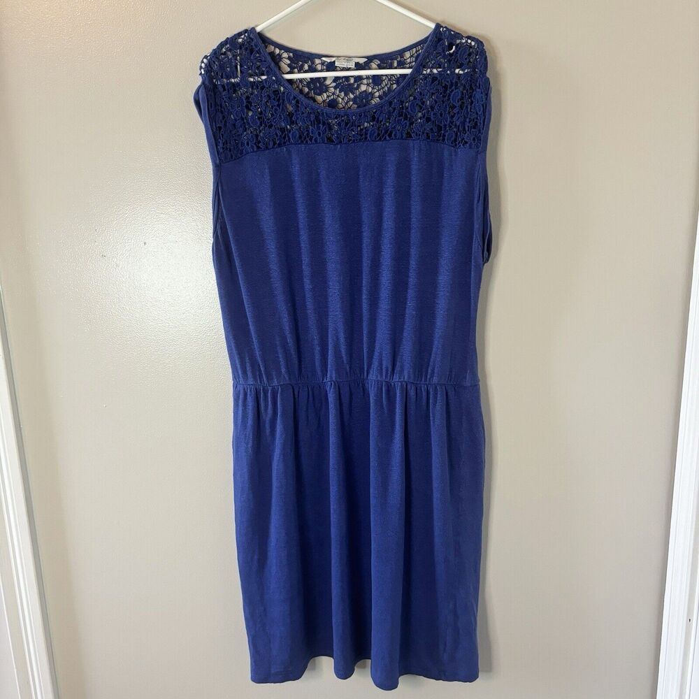 Boden Linen Blend Blue Dress Sleeveless Knee Length Crochet Neckline Sz …